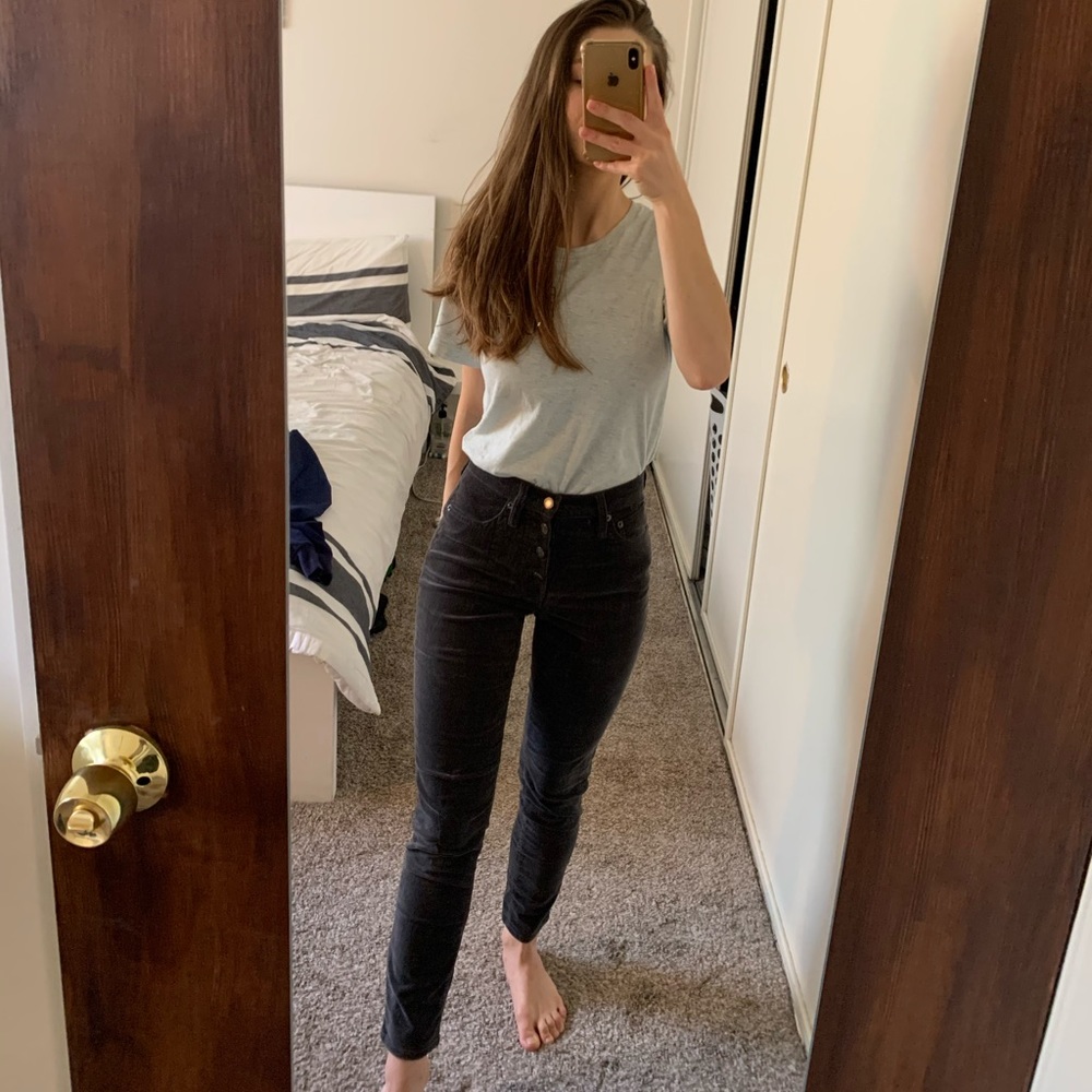Hi rise velvet skinny pants from J. Crew.